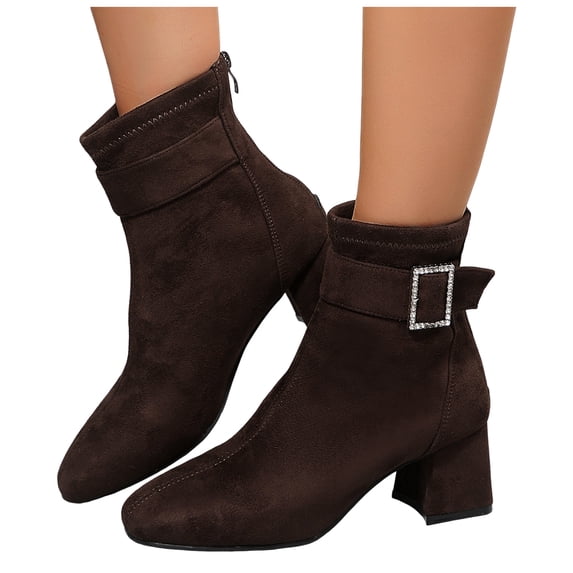 JHOKCI Women's Suede Block Heel Ankle Boots Round Toe Buckle Strap Back ...