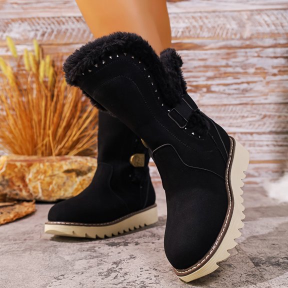 JHOKCI Women's Warm Mid Calf Winter Boots Furry Lined Cozy Western Wide Calf Platform Snow Booties with Vintage Buckle