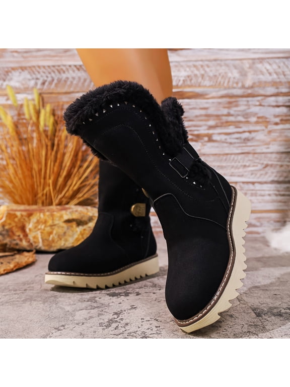 Women's Warm Mid Calf Winter Boots Furry Lined Cozy Western Wide Calf Platform Snow Booties with Vintage Buckle