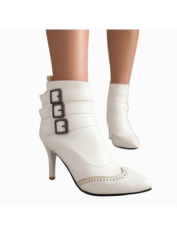 Womens Ankle Boots Retro Wingtip Pointed Toe Kitten Heels Trendy Buckle Straps Side Zip up Short Booties Elegant Stilettos Dress Shoes
