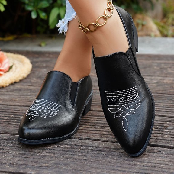 JHOKCI Womens Cowboy Boots Retro Western Embroidered Slip On Chunky Heel Ankle Booties Casual Leather Shoes