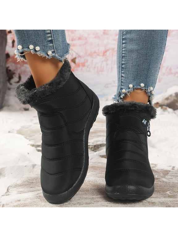 Womens High Top Snow Boots Warm Furry Lined Side Zipper Winter Classic Qulited Outdoor Antislip Soft Barefoot Walking Booties