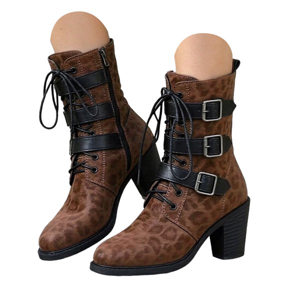 JHOKCI Womens Leopard Print Boots for Fall Winter, Pointed Toe Ankle Boots with Buckle Strap, Soft Textured Upper, Chunky Heel