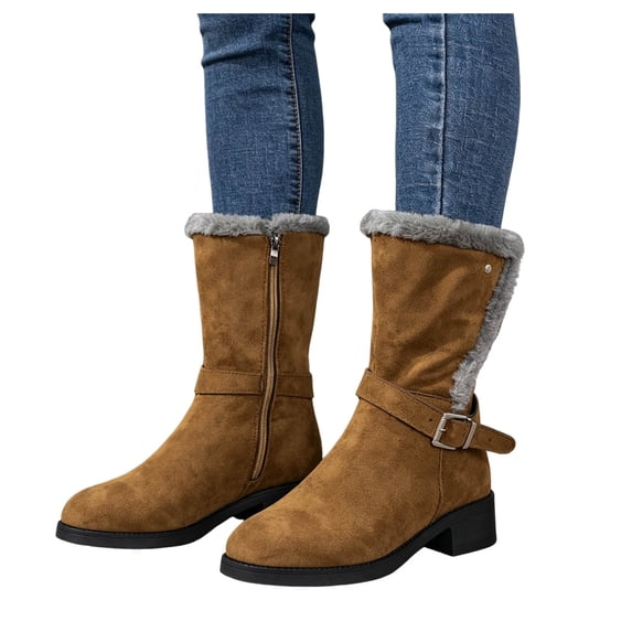 JHOKCI Womens Plush Lined Winter Boots Low Heel Wide Calf Side Zipper Cozy Warm Mid Calf Snow Boots