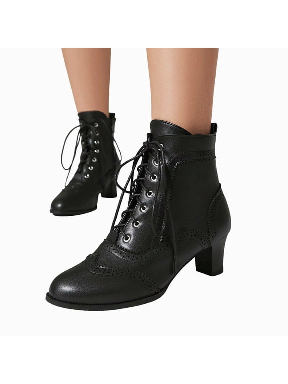 Womens Victorian Ankle Boots Retro Wingtip Low Block Heel Round Toe 70s Dress Short Booties Lace up Festival Costume Footwear