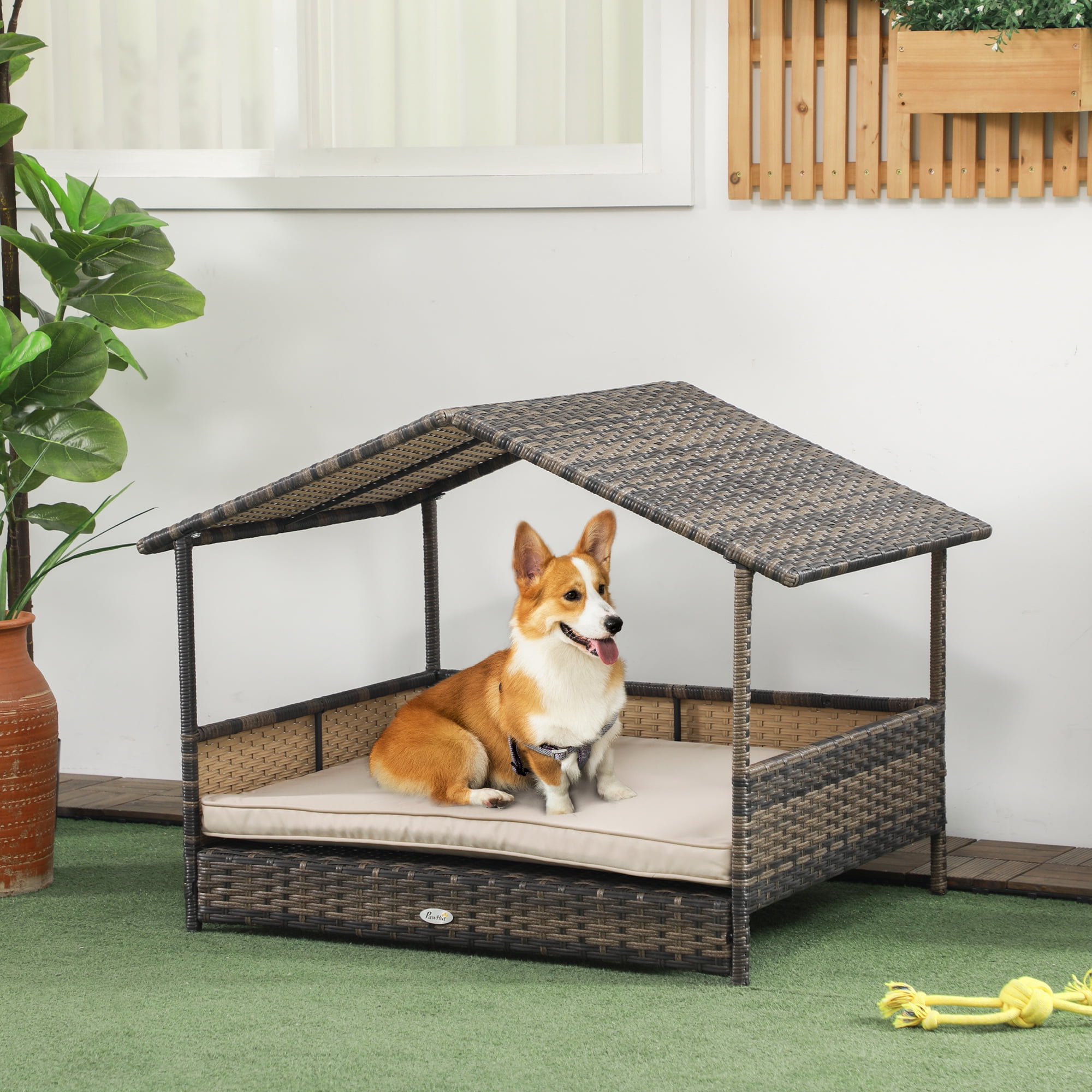 JHOUTR Dog House Outdoor with Canopy, Rattan Dog Bed with Water-Resistant Cushion, Raised Dog ...