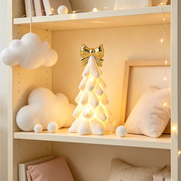 JHRGJIO Ceramic Christmas Tree, Christmas Decorations Indoor Outdoor, Ceramic Tabletop Xmas Tree Lamp with Warm LED Light, Night Light for Bedroom Window Battery Operated