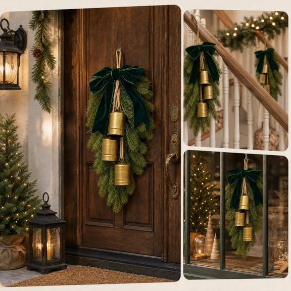 JHRGJIO Christmas Bells Door Ornament, Artificial Cedar Greenery with Vintage Metal Bells Wall Hanging Decor, Christmas Winter Decor for Front Door Indoor Outdoor Porch Display