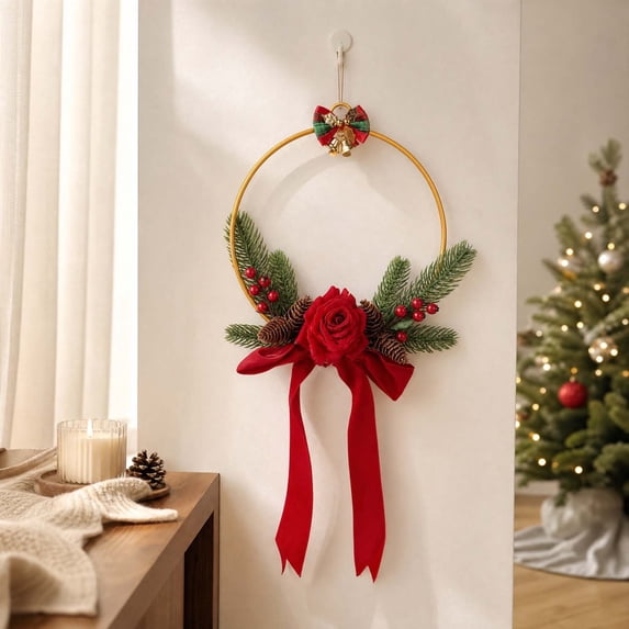 JHRGJIO Christmas Metal Ring Wreath, Hanging Ornament Accent for Festive Decor, Festive Wall Door Display Piece Indoor Party Setup 2 Styles Available Design