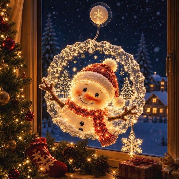 JHRGJIO Christmas Suction Cup Window Light, Christmas Decorations Indoor Outdoor, Light-Up Festive Window Scene Flat Acrylic Decoration With Warm LED Window Light