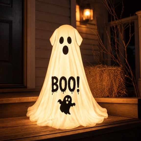 JHRGJIO Cute Halloween Ghost Dog Decorations, Glowing Props for Porch Party Decor, Light Up Outdoor Display for Front Door, Yard, Patio, Halloween Ornaments