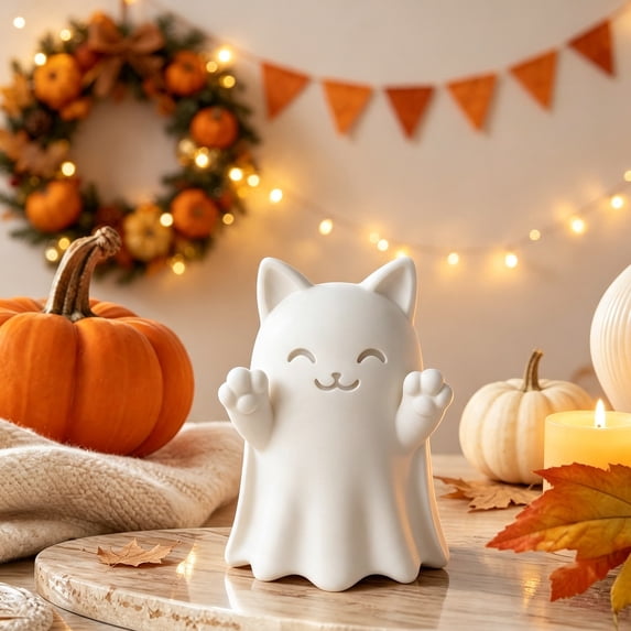 JHRGJIO Ghost Cats Figurines Set, Halloween Decorations Indoor Outdoor, Cute Ghost Kitty Table Decorations Desktop Ornaments for Home Shelf Party Decor Gift Accent