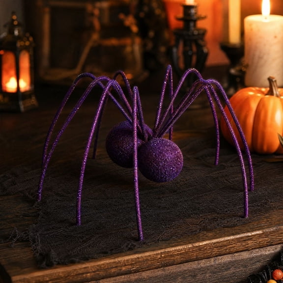 JHRGJIO Halloween Purple Glitter Spider Figurine, Fixed Legs Large Sparkly Tabletop Ornament, Gothic Indoor House Party Mantel Shelf Display Accent Spooky