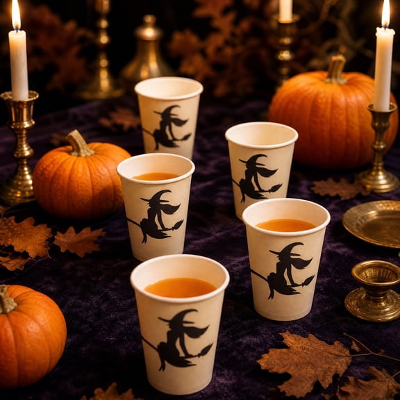 JHRGJIO Halloween Witch Disposable Tableware Set, Plates Cups Napkins with Witch Silhouettes Print, Disposable Party Table Decor for Halloween Ornaments, Kitchen, Dining