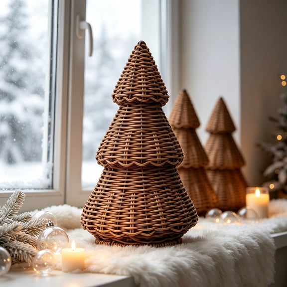 JHRGJIO Hand-Woven Imitation Rattan Tree Ornament, Decor Gift Rattan Wicker Christmas Cone Tree, Holiday Tabletop Hanging Accent Piece, Winter Home Display for Shelf Mantel Desk