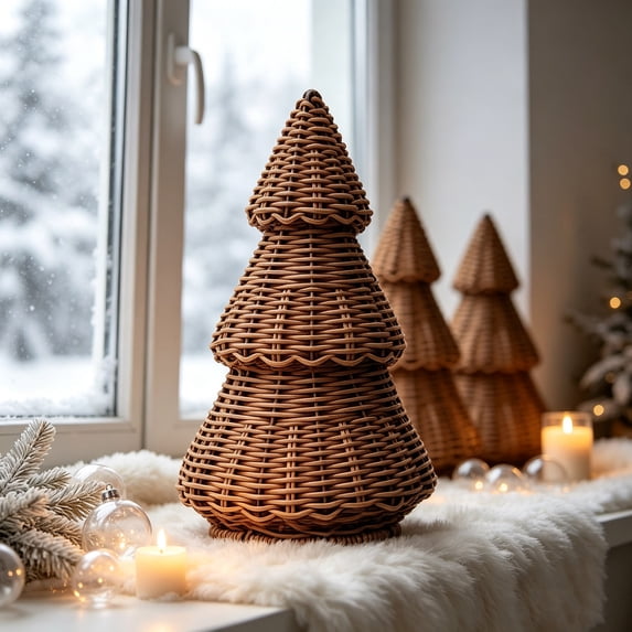 JHRGJIO Hand-Woven Imitation Rattan Tree Ornament, Decor Gift Rattan Wicker Christmas Cone Tree, Holiday Tabletop Hanging Accent Piece, Winter Home Display for Shelf Mantel Desk