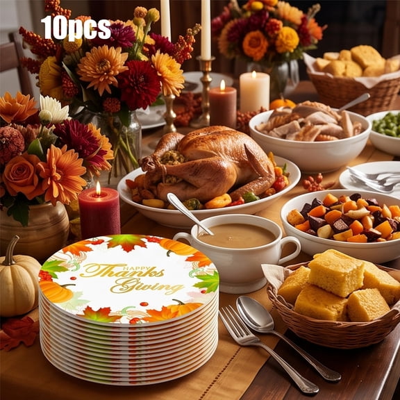 JHRGJIO Pumpkin Maple Leaf Paper Plates, Thanksgiving Season Table Ornaments, Fall Decor for Dinner Parties, Holiday Gatherings, Kitchen Dining, 10PC Disposable