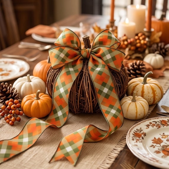 JHRGJIO Pumpkin Ribbon, Thanksgiving Decorations Indoor Outdoor, 15ft Harvest Printed Wired Edge Ribbon for DIY Bows Gift Wrapping Crafts Home Decor Fall Decor Accent