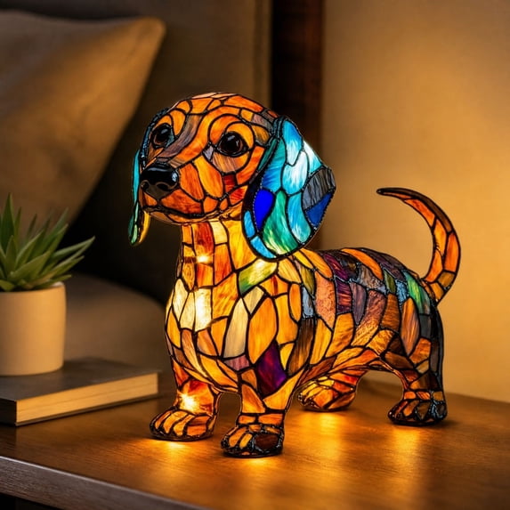 JHRGJIO Puppy Lamp Stained Glass, Dog Night Light Stained Resin Pup Light Charge Powered, Table Lamp Puppy Lamps for Home Bedroom Desk Display Warm Cozy Cute Unique