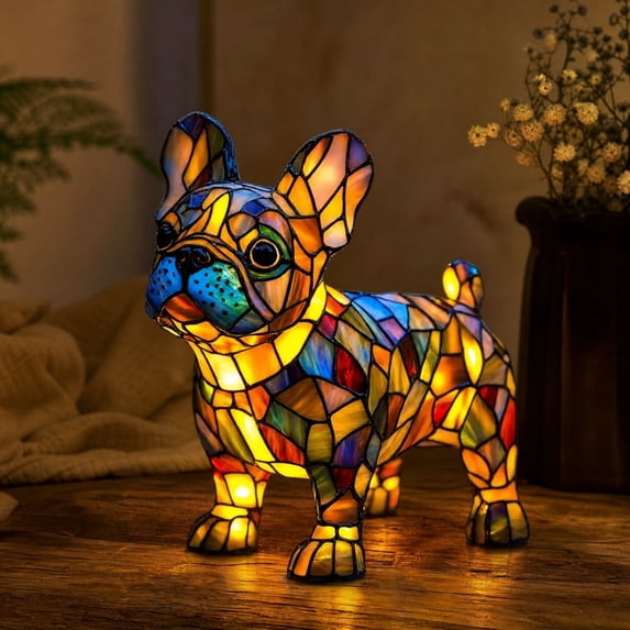 JHRGJIO Puppy Lamp Stained Glass, Dog Night Light Stained Resin Pup Light Charge Powered, Table Lamp Puppy Lamps for Home Bedroom Desk Display Warm Cozy Cute Unique