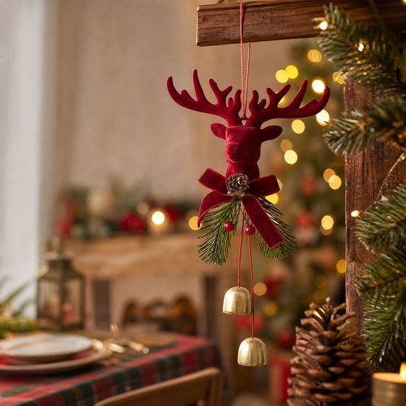 JHRGJIO Red Flocked Christmas Hanging Ornaments, Bells Reindeer Head Pendant Accent, Xmas Tree Fireplace Mantel Window Home Holiday Party Christmas Decorations Winter Decor