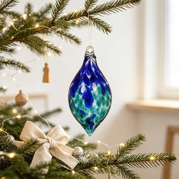 JHRGJIO Turquoise Spotted Teardrop Glass Ornament, Christmas Hanging Decoration Accent Piece, Holiday Tree Display for Home Indoor Party Decor Setup Festive