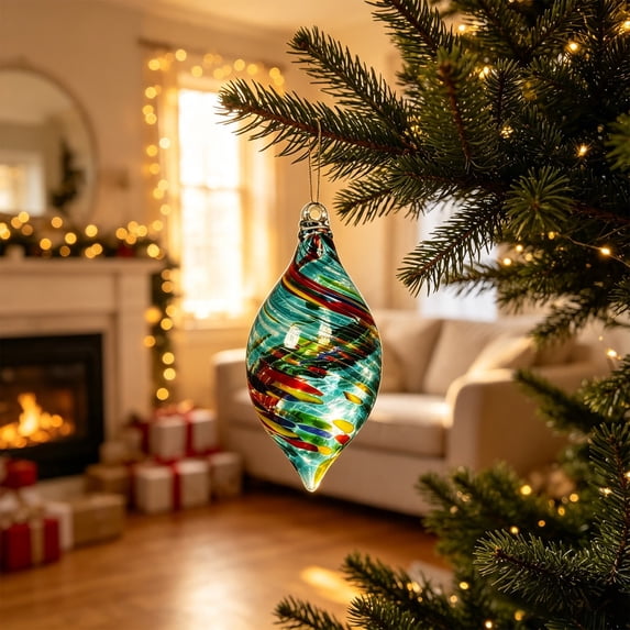 JHRGJIO Turquoise Spotted Teardrop Glass Ornament, Christmas Hanging Decoration Accent Piece, Holiday Tree Display for Home Indoor Party Decor Setup Festive