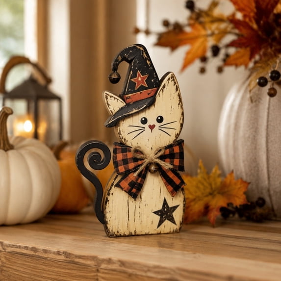 JHRGJIO Vintage Wooden Halloween Tabletop Decor, Distressed Wood Figurine Accent, Witch Hat Fall Pumpkin Home Mantel Decoration Halloween Decorations Indoor Outdoor