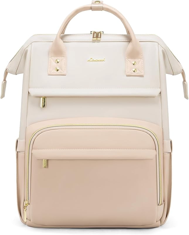 Women's Backpack With USB Port - 15.6 Inch Laptop Bag, Water Resistant, Beige Quilted Design
