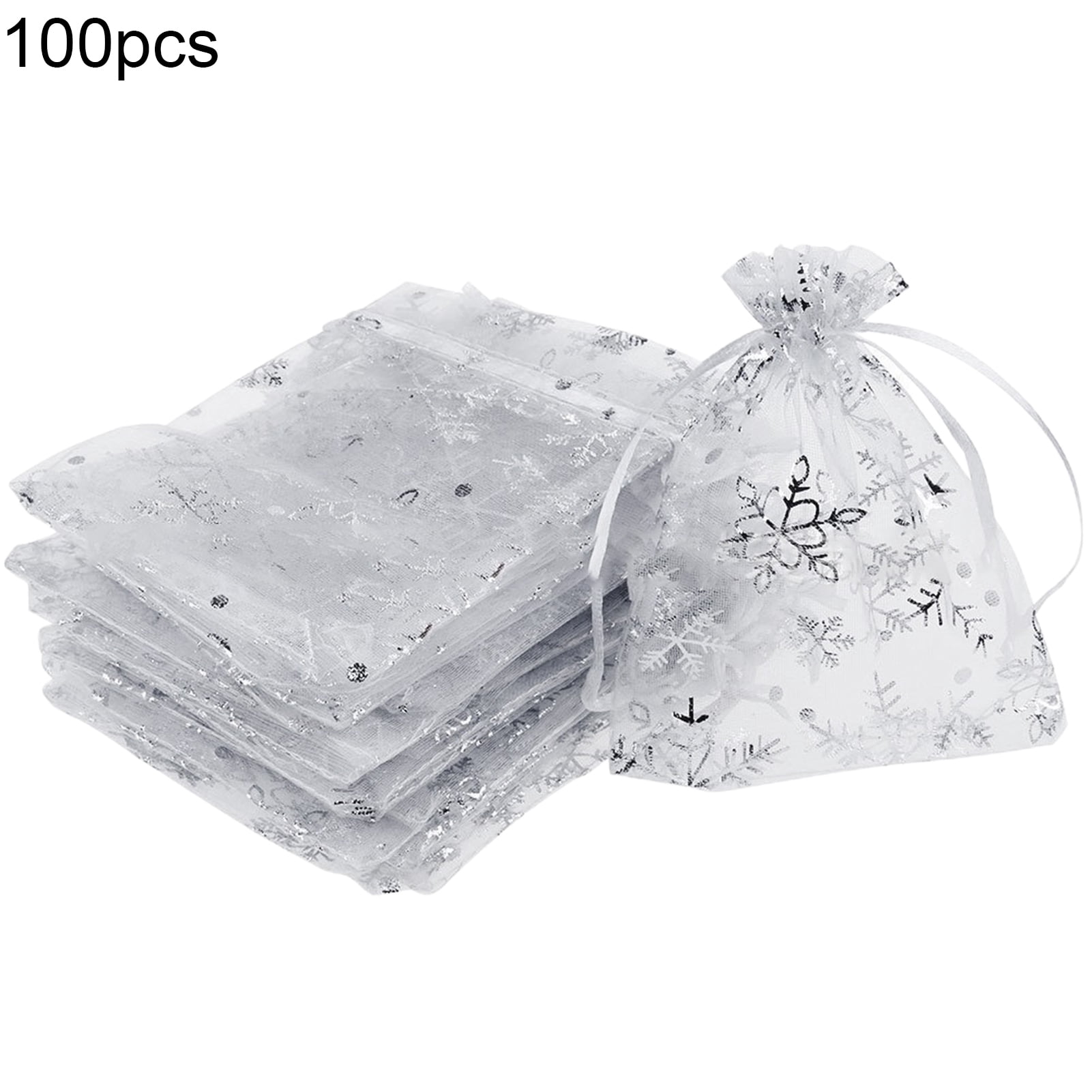 HRX Package 100pcs Snowflake Organza Gift Bags Christmas 4x6 inch, Small White Mesh Jewelry Pouches Little Drawstring Candy Bags