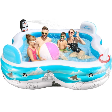 JHUNSWEN Large Inflatable Pool with Seat and Backrest, Backyard Family Swimming Pool for Kids