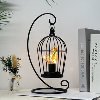 7.5 White Battery Operated Metal Cage Lantern with LED Fairy Lights,  Decorative Table Lamp with Timer Function for Indoor Use