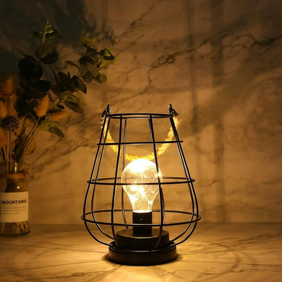JHY DESIGN 8.5" H Cage Bulb Lantern Decorative Table Lamp Battery Powered Cordless Light with Warm White Fairy Lights LED Edison Bulb Lamp for Living Room Bedroom Home Wedding(Black)