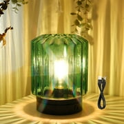 JHY DESIGN Medium Battery Powered Outdoor lantern, Metal and Glass Cordless Lamp, Decorative Table Lamp with 6H Timer and USB Power Connection(Green)