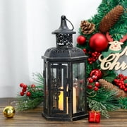JHY DESIGN Medium Decorative Outdoor Candle Lantern, Metal Candle Lantern, Candle Holder with Tempered Glass (Black)