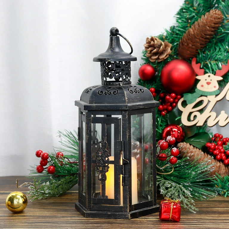 JHY DESIGN Decorative Candle Lantern 15''High Metal Candle Lanterns Vintage  Style Hanging Lantern for Indoor Outdoor Events Parities Weddings(Black  with Red Brush) 