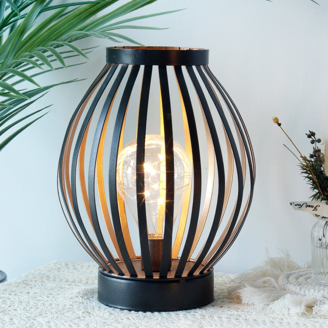 Medium Metal Cage Outdoor Lantern, Battery Powered Lamp with White Fairy Lights (Bronze)
