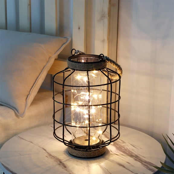 Metal Cage LED Lantern Battery Powered,9.4" Tall Cordless Accent Light with 20pcs Fairy Lights Great for Weddings Parties Patio Events Indoors Outdoors.