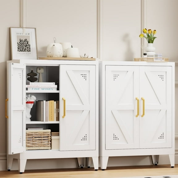 JHYKFG 32"Metal Pantry Storage Cabinet,Freestanding Sideboard with 2 Adjustable Shelves for Small Spaces, Living Room, Hallway, Dining Room,White