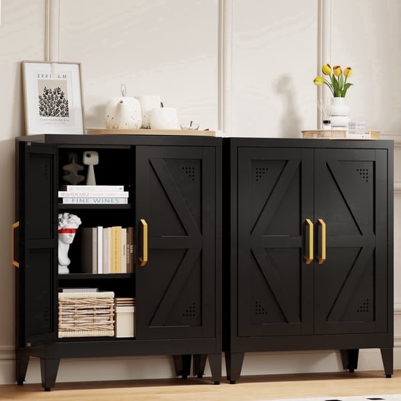 JHYKFG 32"Metal Pantry Storage Cabinet,Freestanding Sideboard with 2 Adjustable Shelves for Small Spaces, Living Room, Hallway, Dining Room,Black