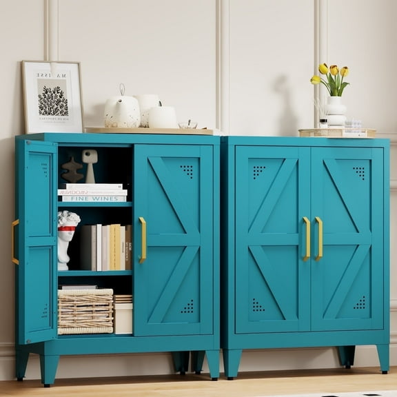 JHYKFG 32"Metal Bathroom Storage Cabinet,Freestanding Sideboard with 2 Adjustable Shelves for Small Spaces, Living Room, Hallway, Dining Room,Blue