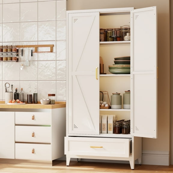 JHYKFG 71" Tall Metal Storage Cabinets,4-Tier Kitchen Pantry Cabinet with 2 Doors and 1 Drawer for Dining Room,Living Room,Hallway,Bathroom,White