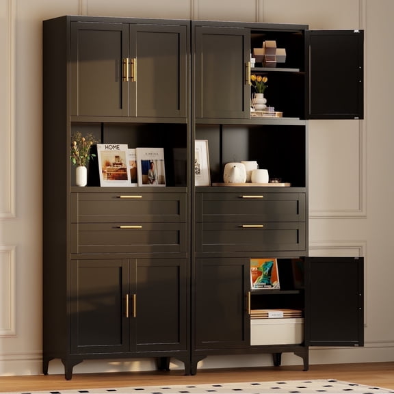 JHYKFG 75" Tall Kitchen Pantry Cabinet,Metal Storage Cabinets with 2 Drawers and Adjustable Shelves,Freestanding Display Cupboard for Dining Room,Living Room,Hallway,Bathroom,Black