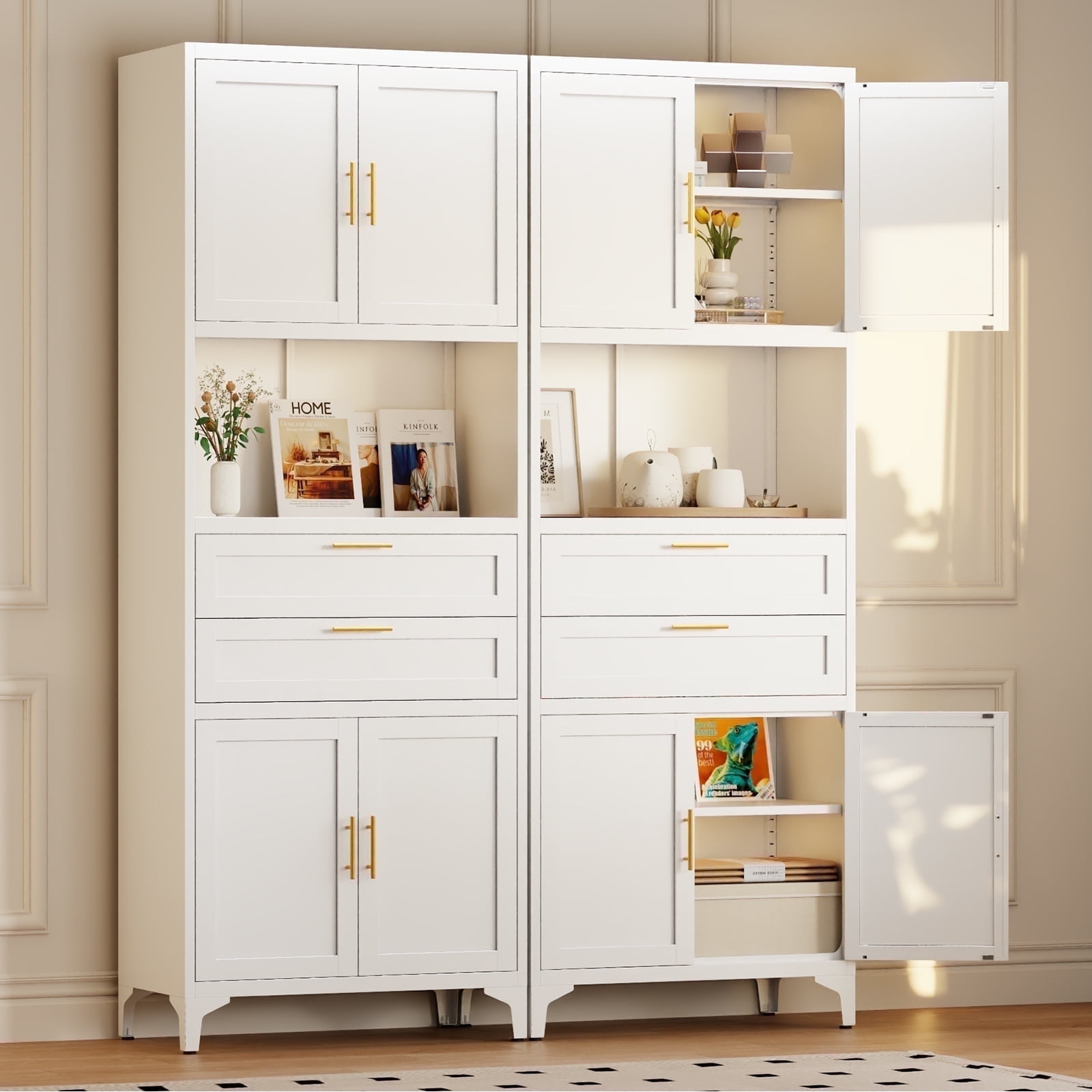 JHYKFG 75" Tall Kitchen Pantry Cabinet,Metal Storage Cabinets with 2 Drawers and Adjustable Shelves,Freestanding Display Cupboard for Dining Room,Living Room,Hallway,Bathroom,White