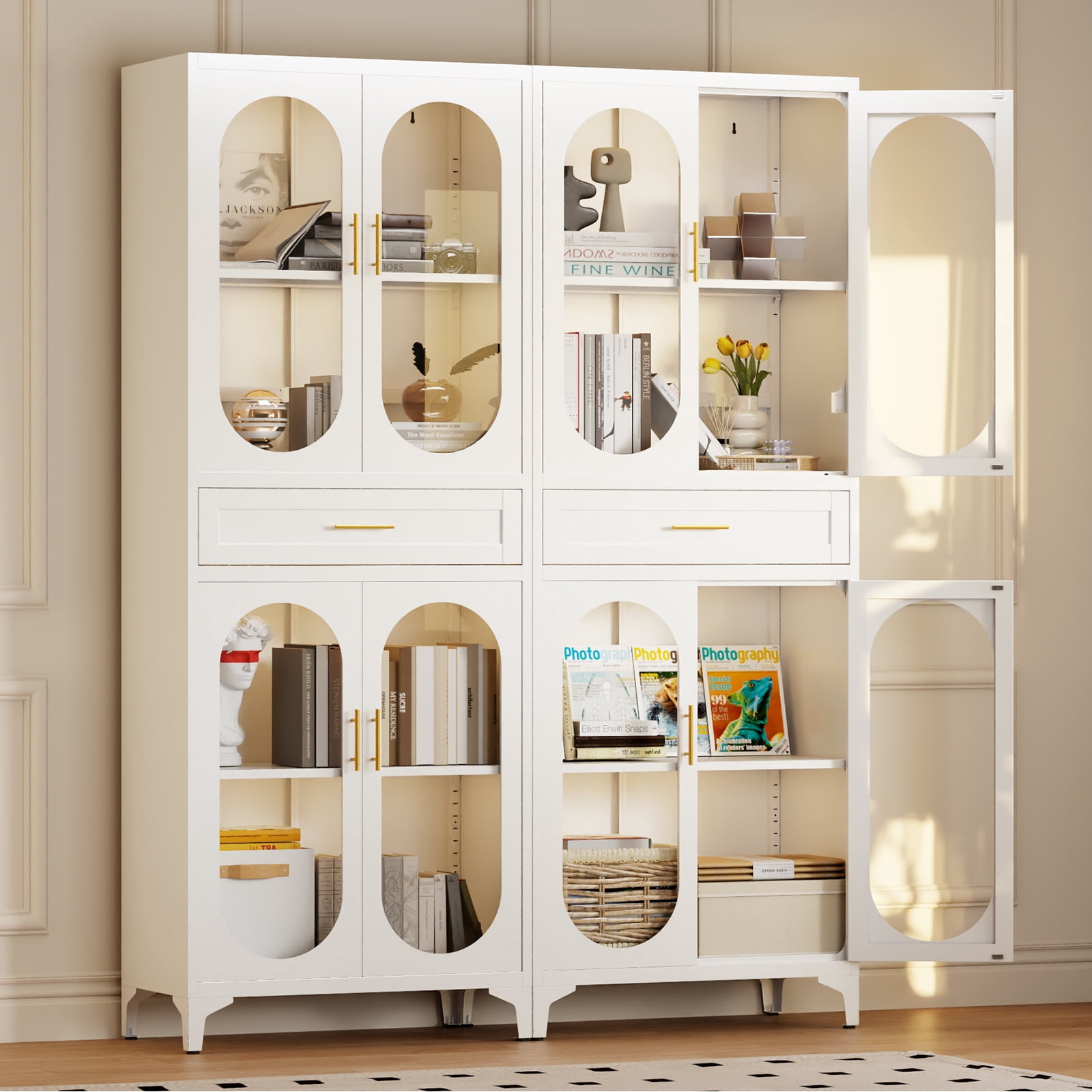 JHYKFG 75" Tall Kitchen Pantry Cabinet,Metal Storage Cabinets with 4 Glass Doors and 1 Drawer,Freestanding Display Cupboard for Dining Room,Living Room,Hallway,Bathroom,White