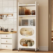 JHYKFG Kitchen Pantry Storage Cabinet,5 Tier Rolling Microwave Stand, Bakers Rack,Metal Pantry Cabinet with 4 Flip-up Doors for Kitchen,Living Room,Study,White