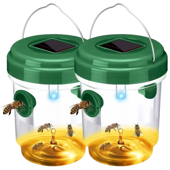 JHdrYfe 2 Packs Solar Powered Wasp Trap Outdoor Hanging, Yellow Jackets, Hornets,Carpenter Bees, Mud Daubers Trap Reusable for Garden, Patio, Yard - Green