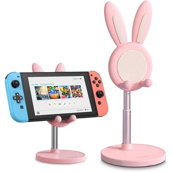 JHdrYfe Cell Phone Stand, Adjustable Cute Bunny Phone Stand for Desk, Kawaii Phone Holder Stand, Compatible with All Mobile Phones, iPhone, Kindle, Switch (Pink)