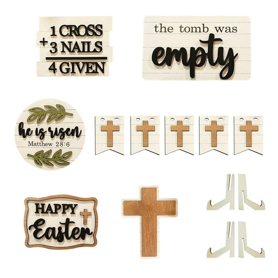 JHdrYfe Easter Tiered Tray Decor, Easter Table Wooden Sign Decorations He is Risen Cross Tabletop Farmhouse Decor for Easter Home Party, Spring Tiered Tray Decorations Set(Cross Style, 7 Pcs)