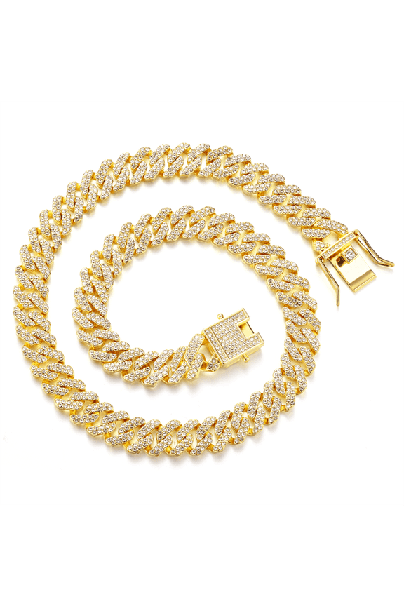 Golden Miami Cuban Link Chain Necklace For Men Golden 12mm Diamond Prong Cuban Chain Hop Jewely 24"
